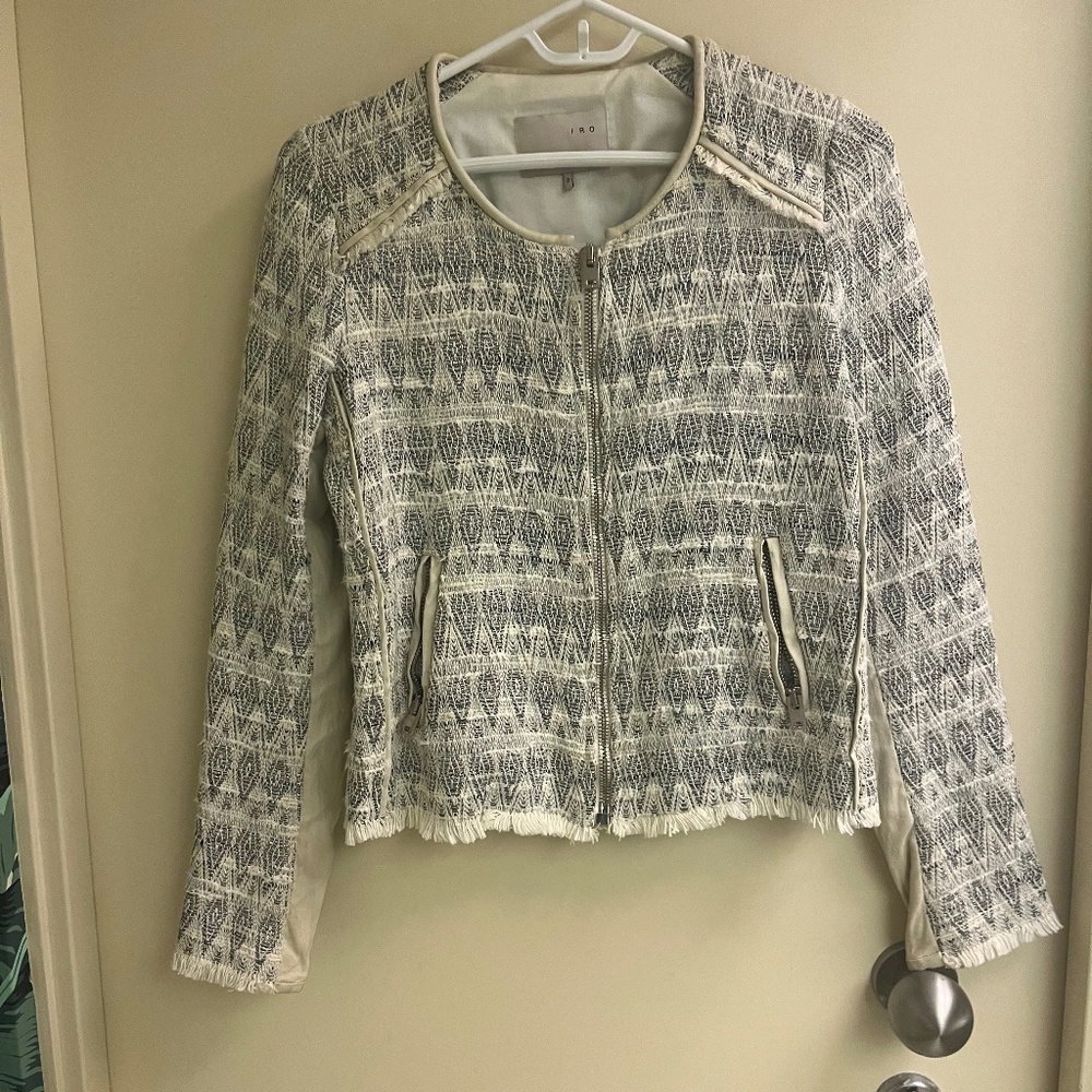 Gorgeous Iro Moto jacket - white & silver brocade with leather trim.